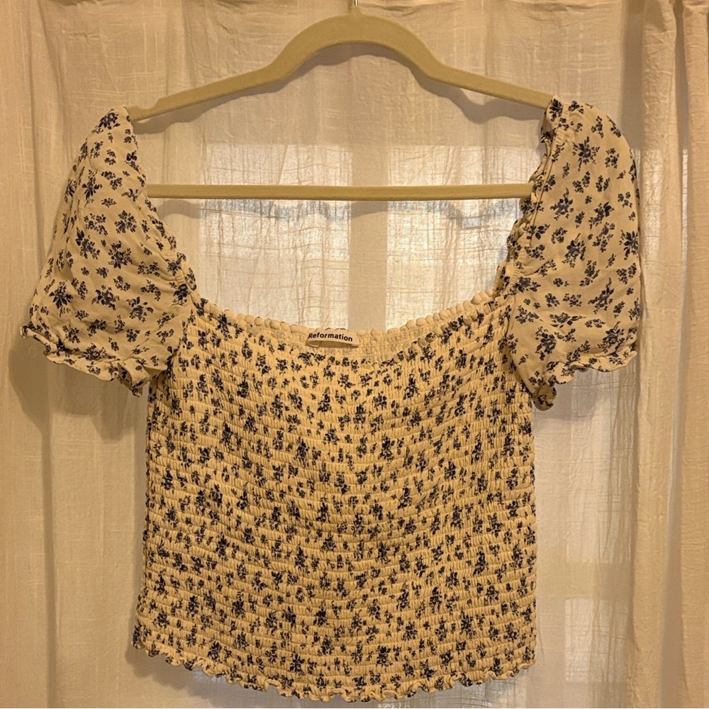 Reformation Floral Smocked Puff Sleeve Top